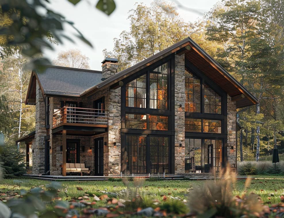 Une maison moderne à deux étages avec de grandes fenêtres en verre et des murs en pierre