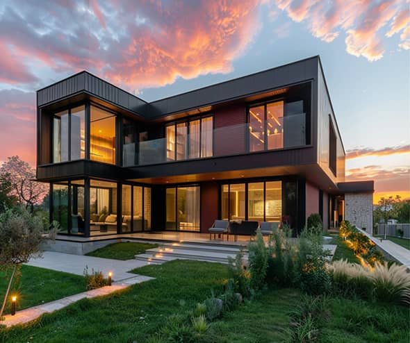 Maison moderne à deux étages avec de grandes fenêtres et éclairage extérieur, encadrée par un ciel coucher de soleil et un jardin paysager.