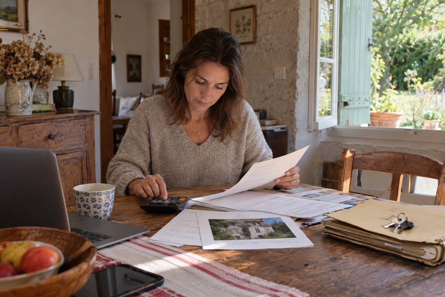 Une femme est assise à une table en bois ; elle utilise une calculatrice et relit des documents