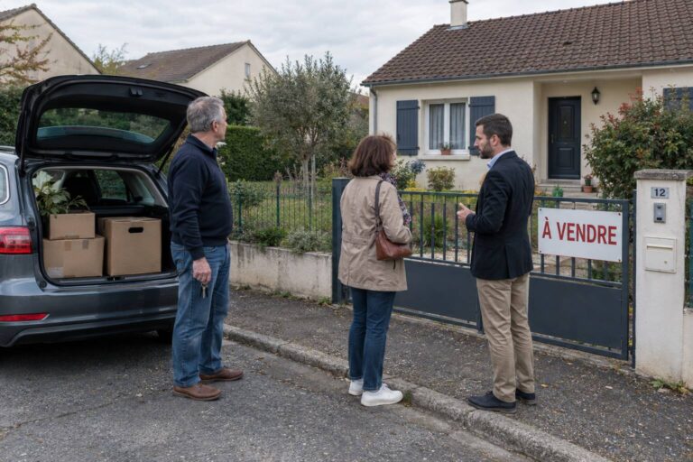 Trois personnes se tiennent devant une maison où est accrochée une pancarte « À vendre »