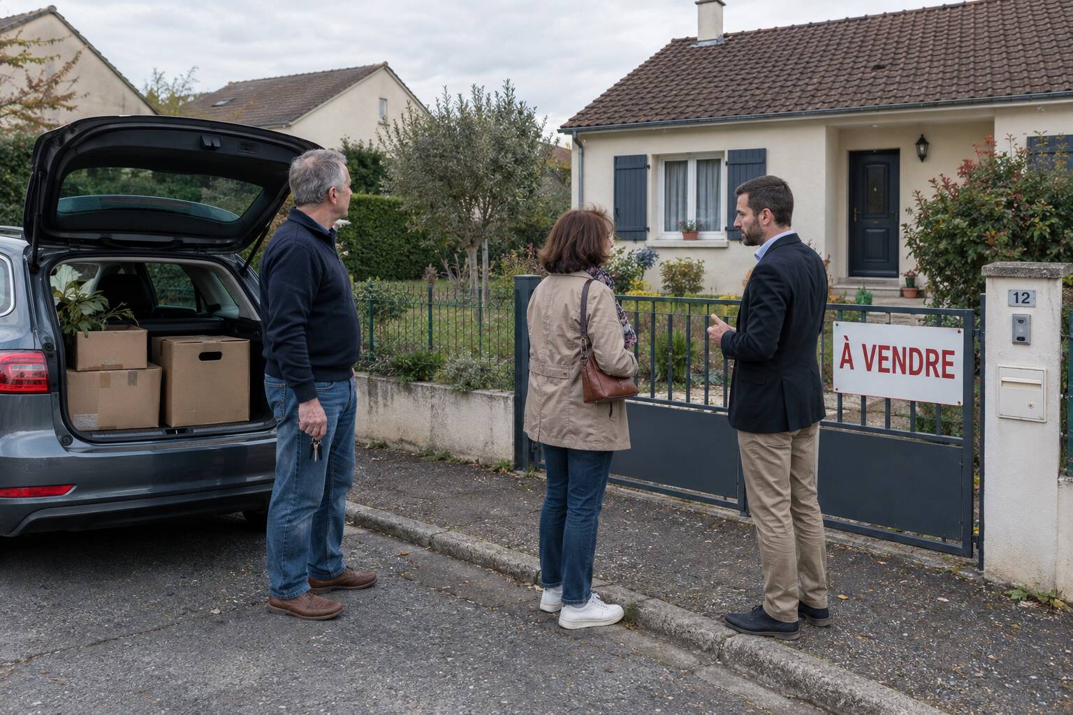 Trois personnes se tiennent devant une maison où est accrochée une pancarte « À vendre »