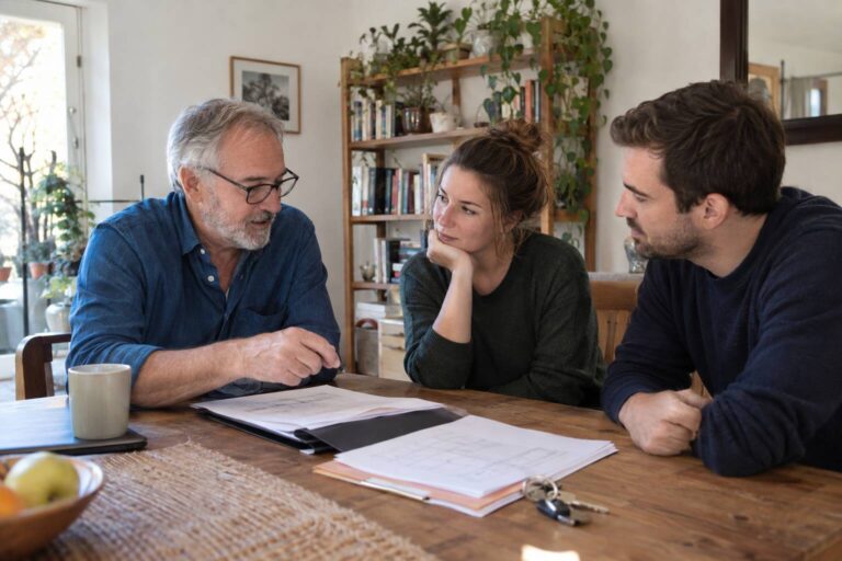 Trois personnes sont assises à une table et examinent des documents ensemble